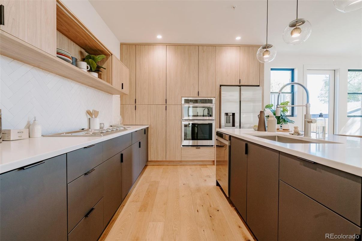 Interior, Kitchen, Pendant Lights, Recessed Lighting, Stainless Steel Appliances, Wood Texture Flooring