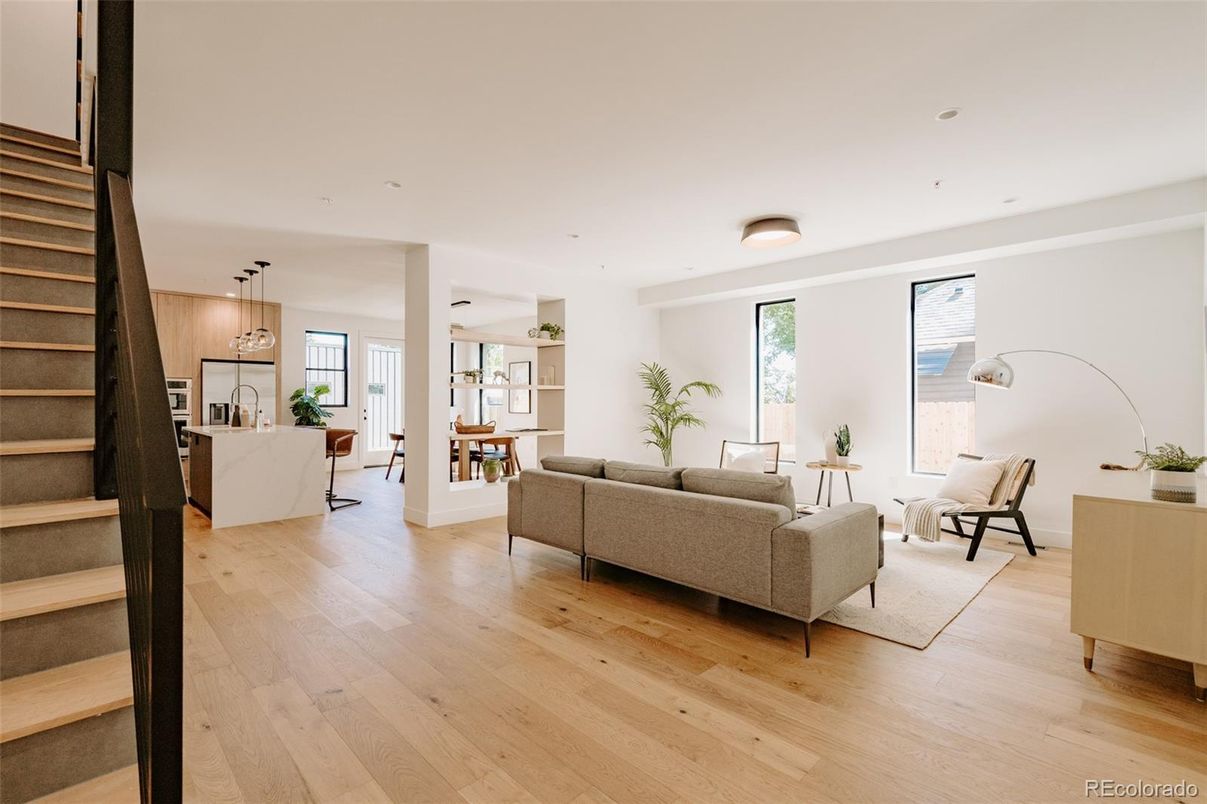 Dining room, Interior, Kitchen, Living room, Pendant Lights, Recessed Lighting, Wood Texture Flooring
