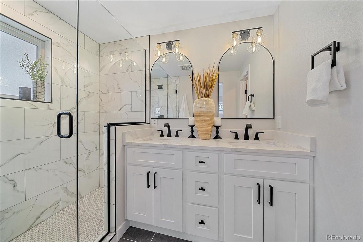 Bathroom, Dual Sink Vanities, Glass Shower, Interior, Marble Walls
