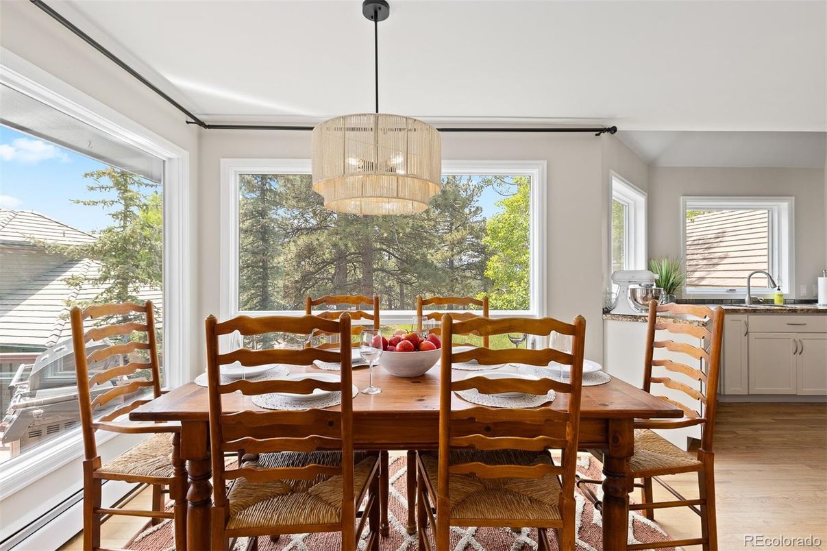 Dining room, Interior, Pendant Lights, Wood Texture Flooring