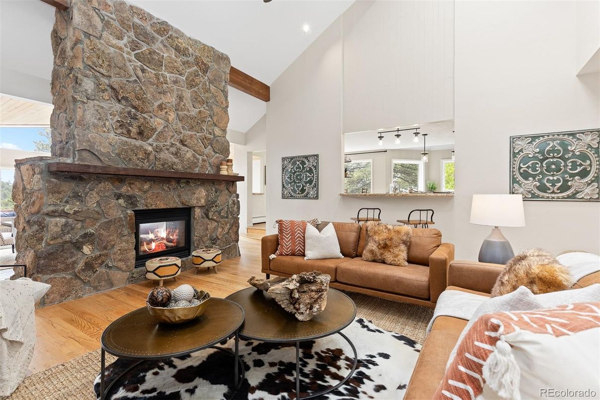 Fireplace, Interior, Living room, Stone Walls, Wooden Beams, Wood Texture Flooring