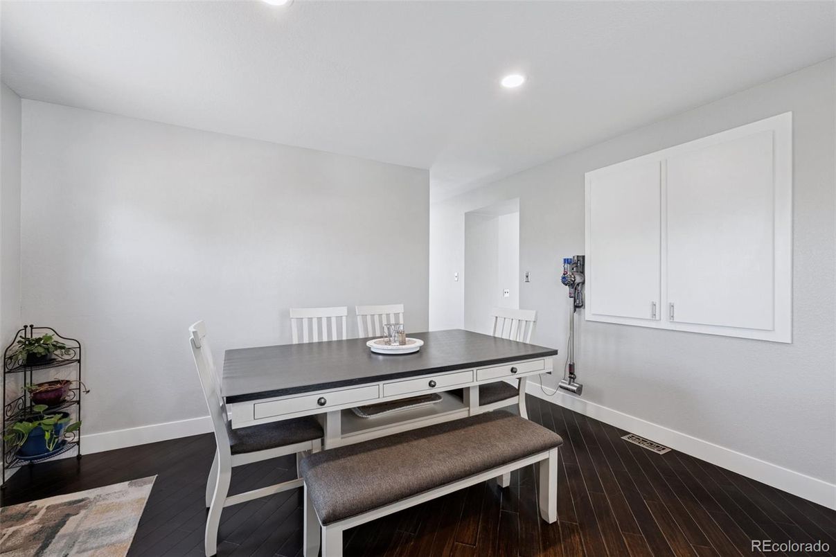 Dining room, Interior, Recessed Lighting, Wood Texture Flooring