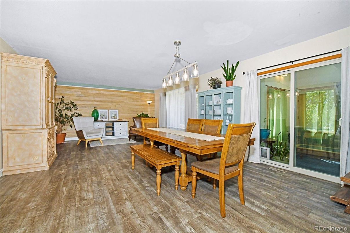 Dining room, Interior, Pendant Lights, Wood Texture Flooring, Wooden Walls