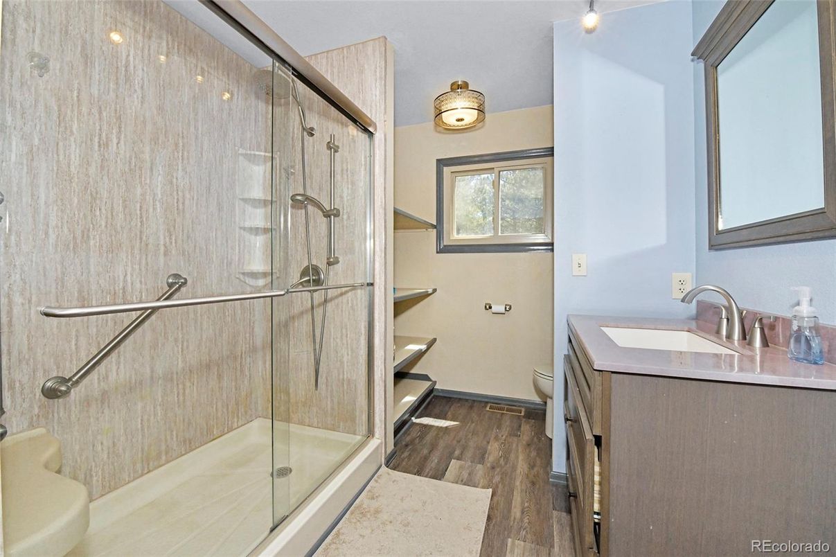 Bathroom, Glass Shower, Interior, Wood Texture Flooring