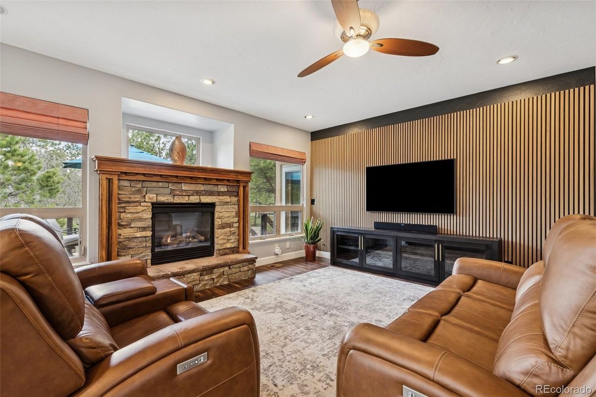 Fireplace, Interior, Living room, Recessed Lighting, Wood Texture Flooring
