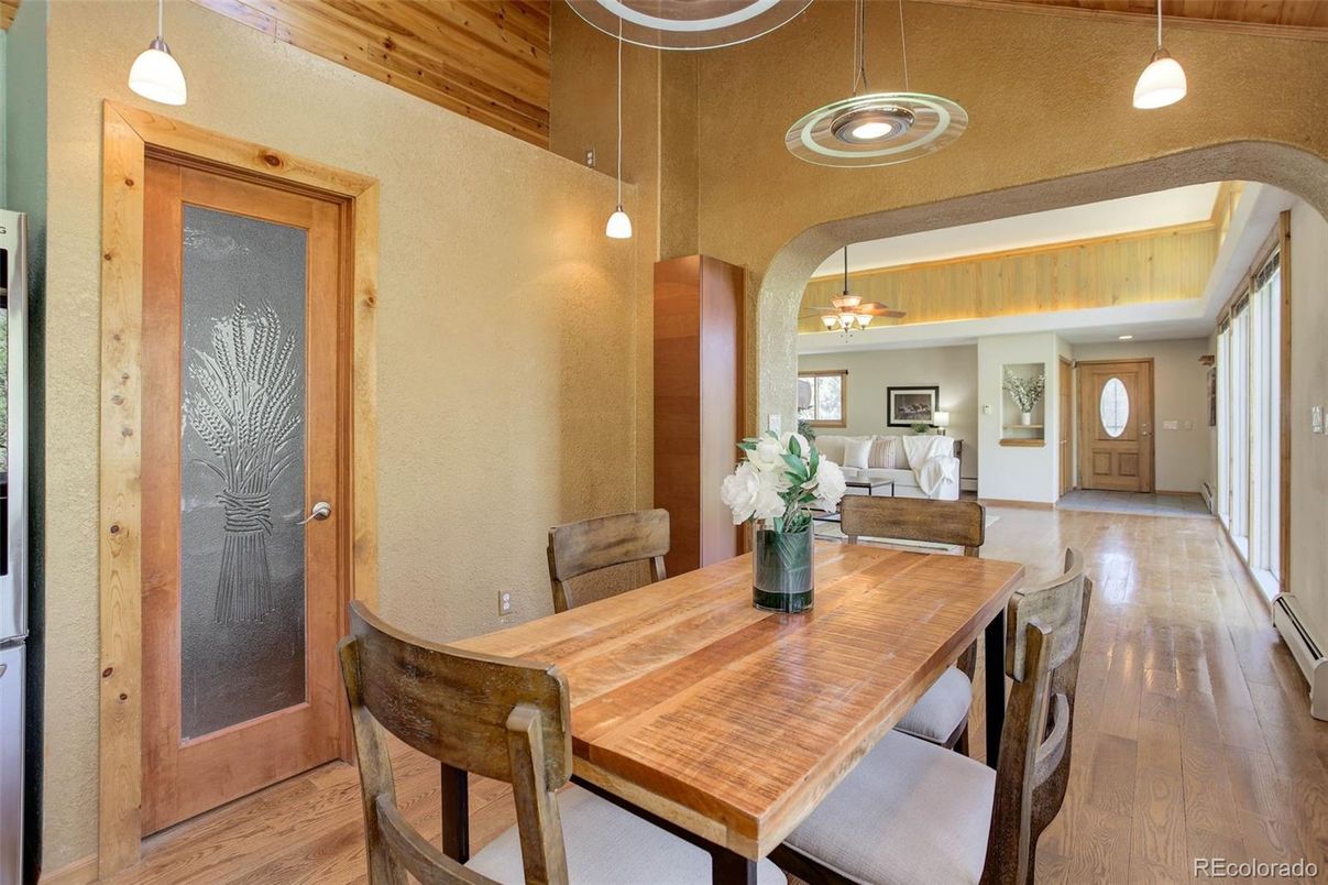 Dining room, Interior, Living room, Pendant Lights, Wood Texture Flooring
