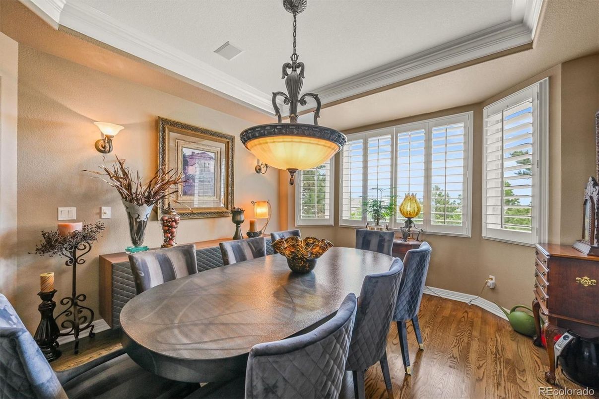 Dining room, Interior, Pendant Lights, Wood Texture Flooring