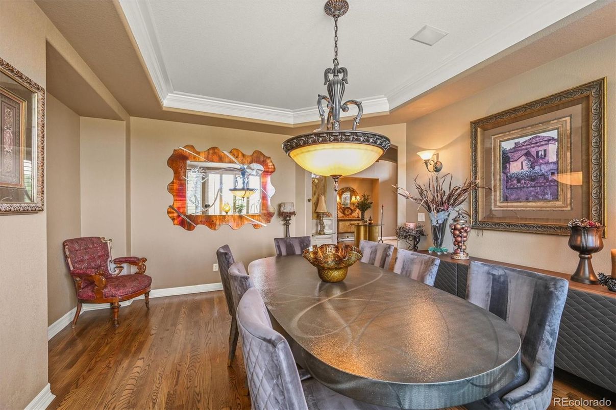 Dining room, Interior, Pendant Lights, Wood Texture Flooring