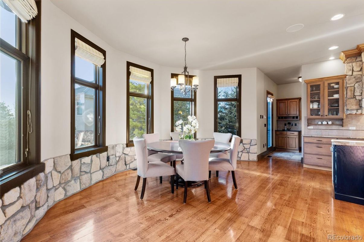 Chandelier, Dining room, Interior, Kitchen, Recessed Lighting, Stone Walls, Wood Texture Flooring