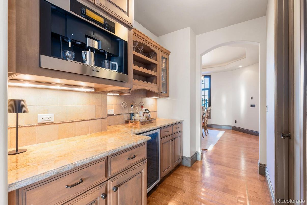 Interior, Kitchen, Recessed Lighting, Tile Countertops, Wood Texture Flooring