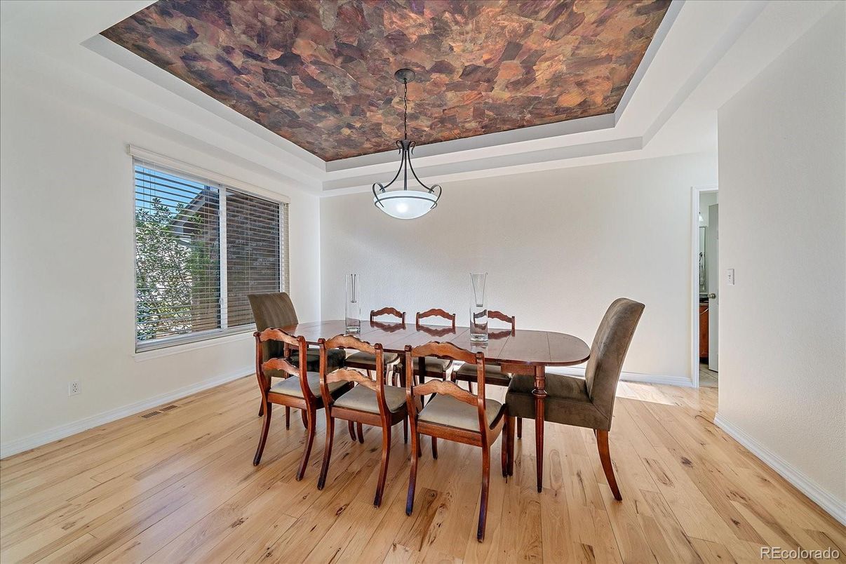 Dining room, Interior, Pendant Lights, Wood Texture Flooring
