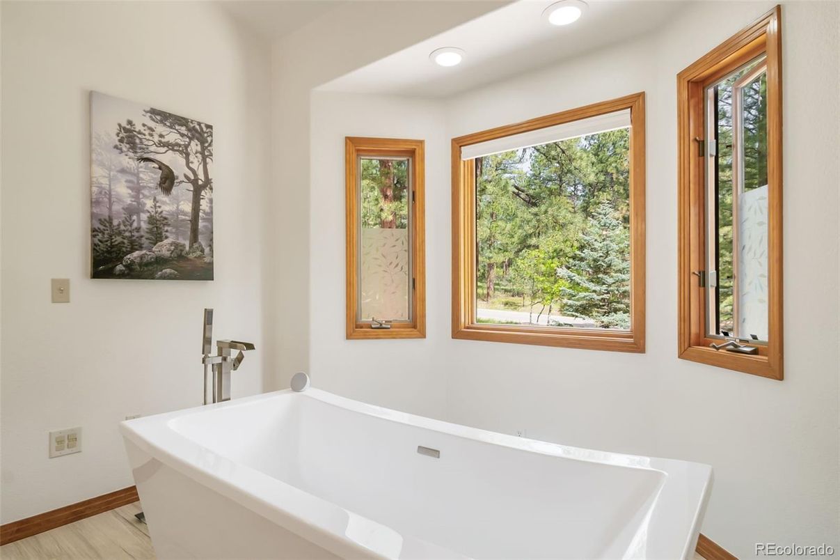 Bathroom, Free Standing Baths, Interior, Recessed Lighting, Wood Texture Flooring