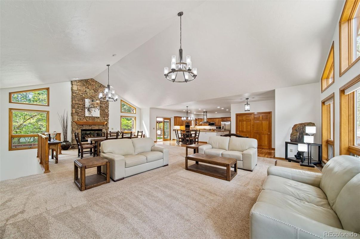 Dining room, Fireplace, Interior, Kitchen, Living room, Pendant Lights, Recessed Lighting, Stone Walls