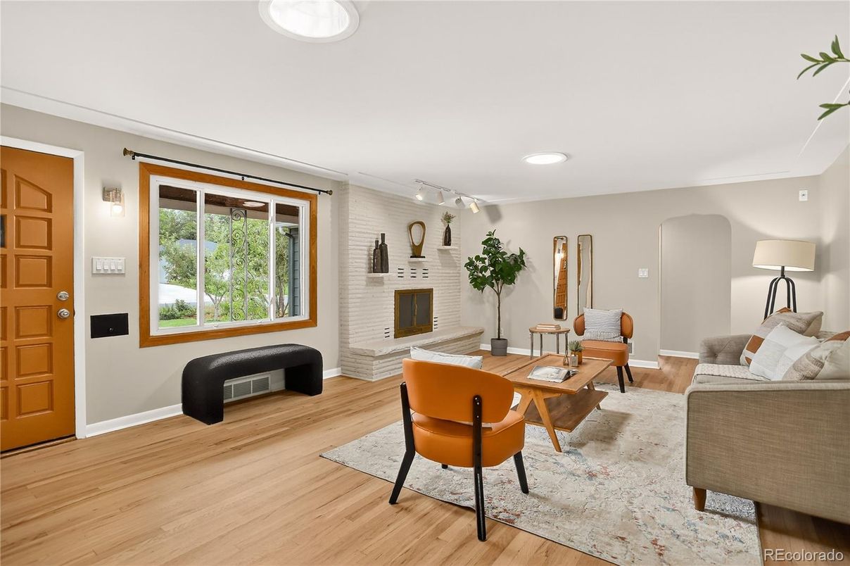 Fireplace, Interior, Living room, Recessed Lighting, Wood Texture Flooring