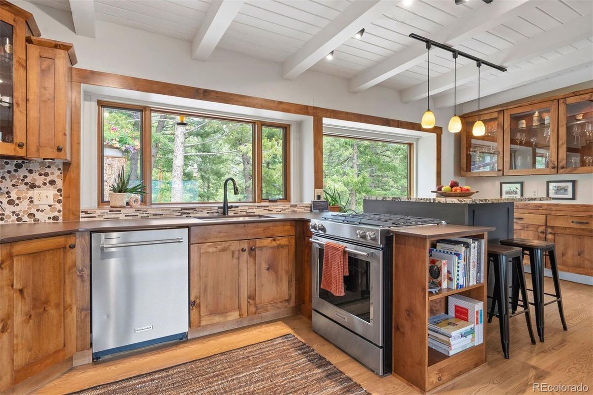 Interior, Kitchen, Pendant Lights, Stainless Steel Appliances, Wood Texture Flooring