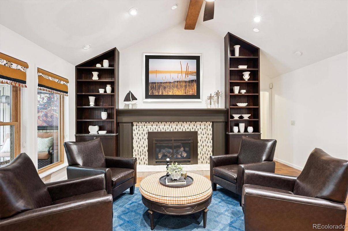 Fireplace, Interior, Living room, Recessed Lighting, Wooden Beams, Wood Texture Flooring