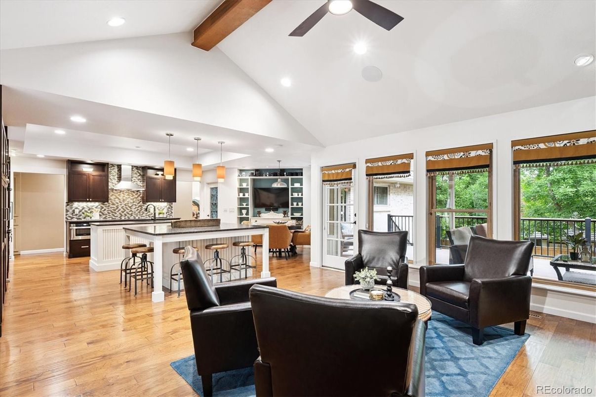 Interior, Kitchen, Living room, Pendant Lights, Recessed Lighting, Stainless Steel Appliances, Wooden Beams, Wood Texture Flooring