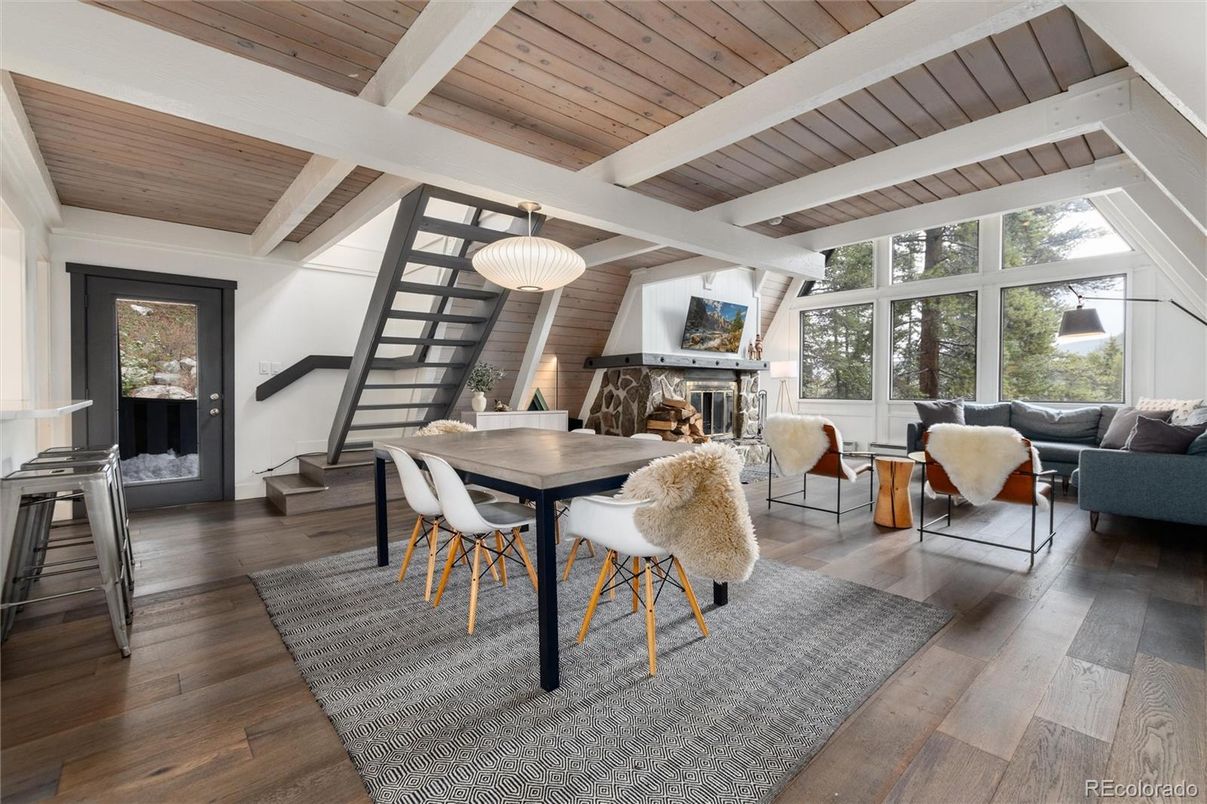 Dining room, Fireplace, Interior, Living room, Pendant Lights, Wooden Ceilings, Wood Texture Flooring