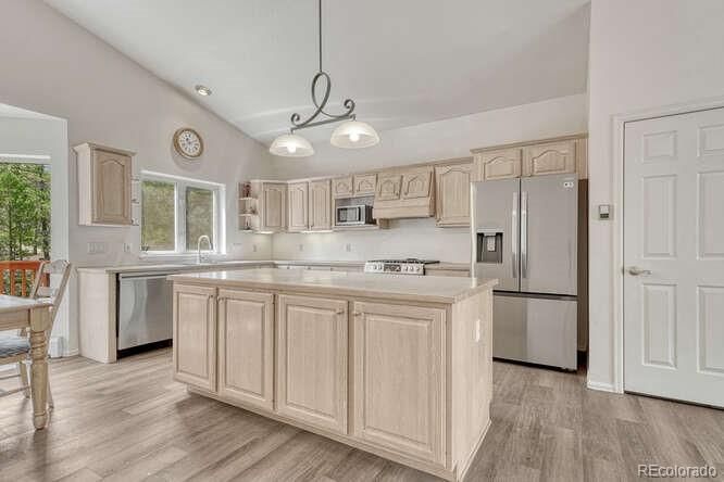 Interior, Kitchen, Pendant Lights, Recessed Lighting, Stainless Steel Appliances, Wood Texture Flooring
