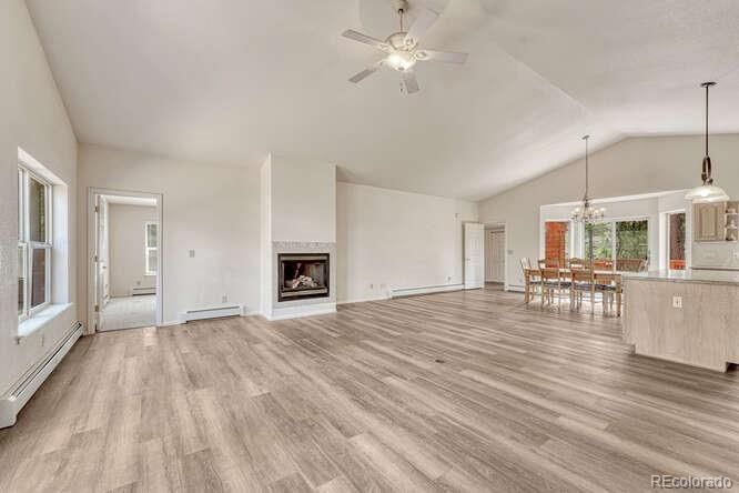 Chandelier, Dining room, Empty room, Fireplace, Interior, Pendant Lights, Wood Texture Flooring