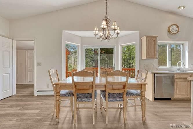 Chandelier, Dining room, Interior, Kitchen, Recessed Lighting, Wood Texture Flooring
