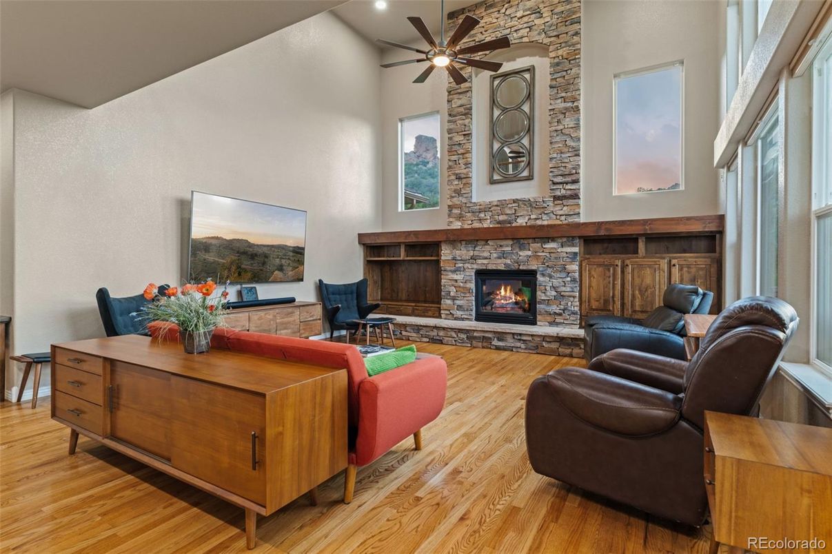 Fireplace, Interior, Living room, Stone Walls, Wood Texture Flooring