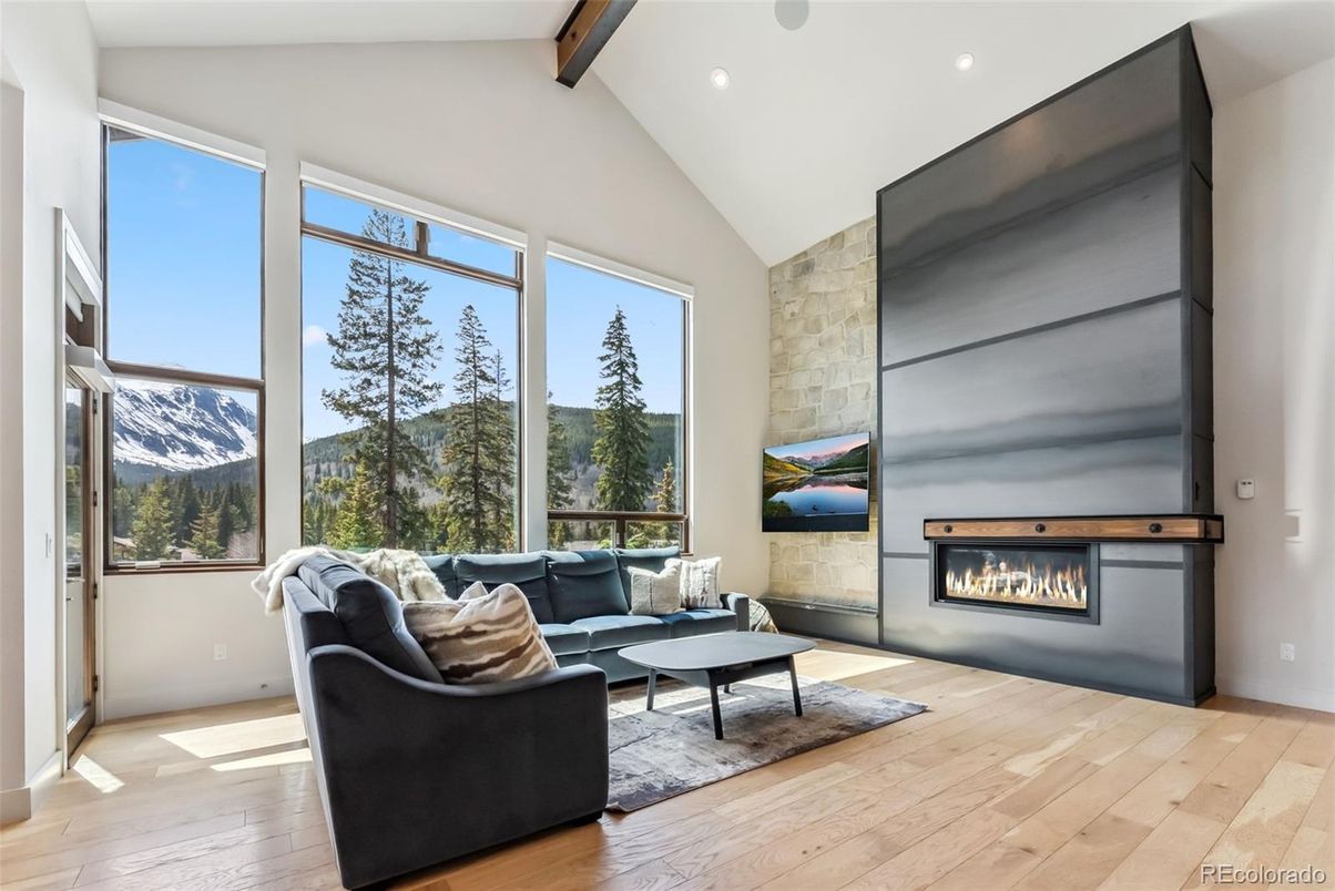 Fireplace, Interior, Living room, Recessed Lighting, Wooden Beams, Wood Texture Flooring