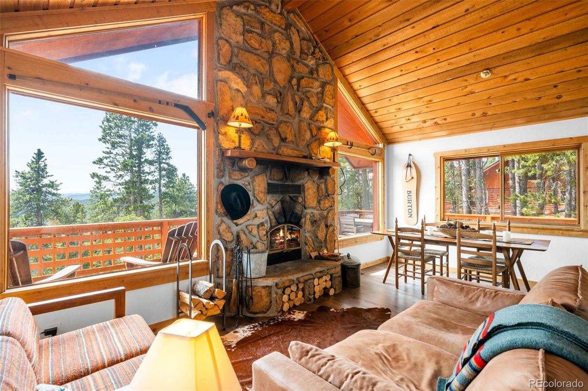 Dining room, Fireplace, Interior, Living room, Stone Walls, Wooden Ceilings