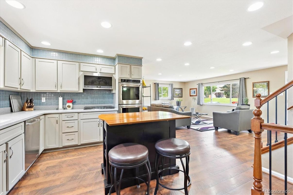 Interior, Kitchen, Living room, Recessed Lighting, Stainless Steel Appliances, Wood Texture Flooring
