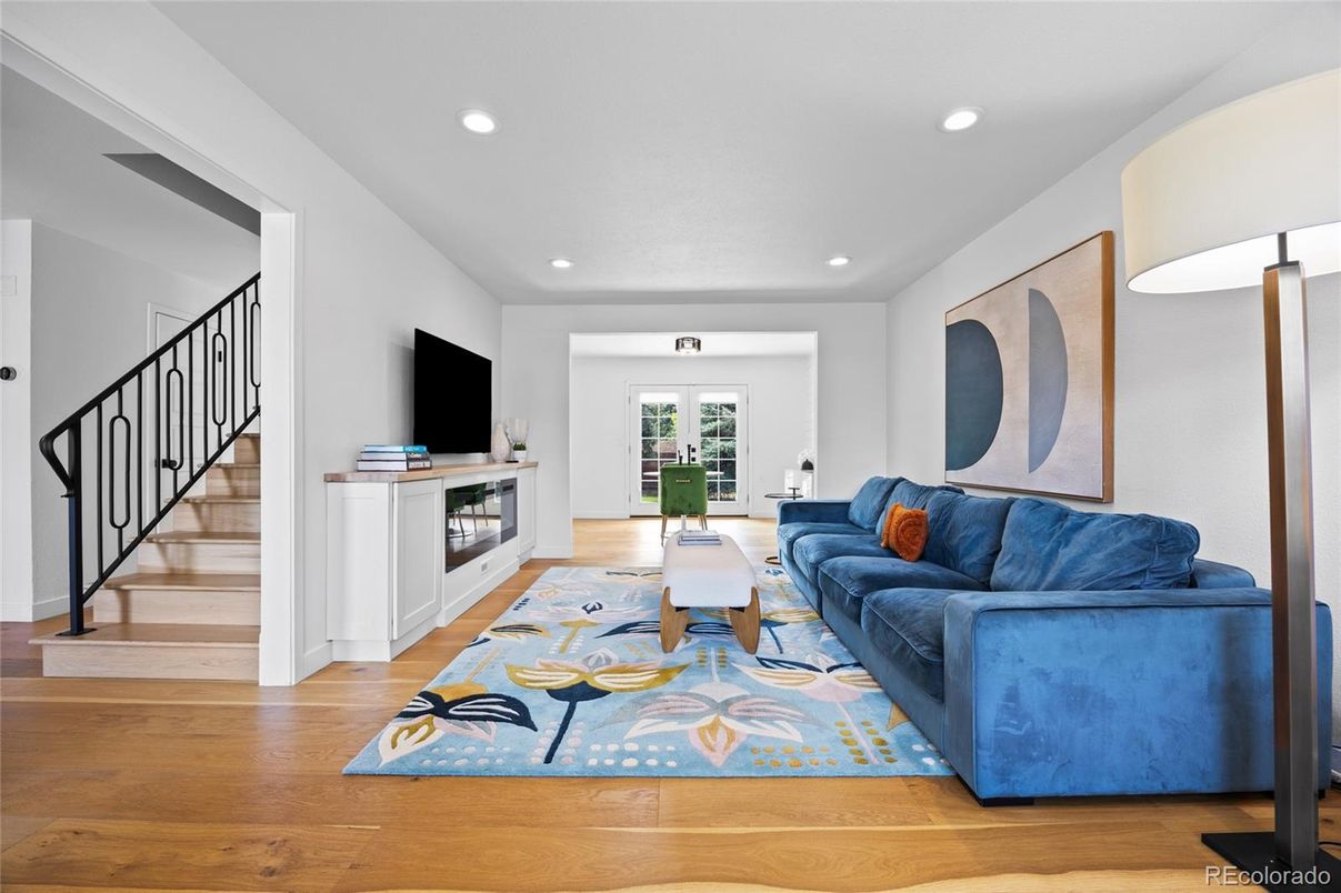 Fireplace, Interior, Living room, Recessed Lighting, Wood Texture Flooring