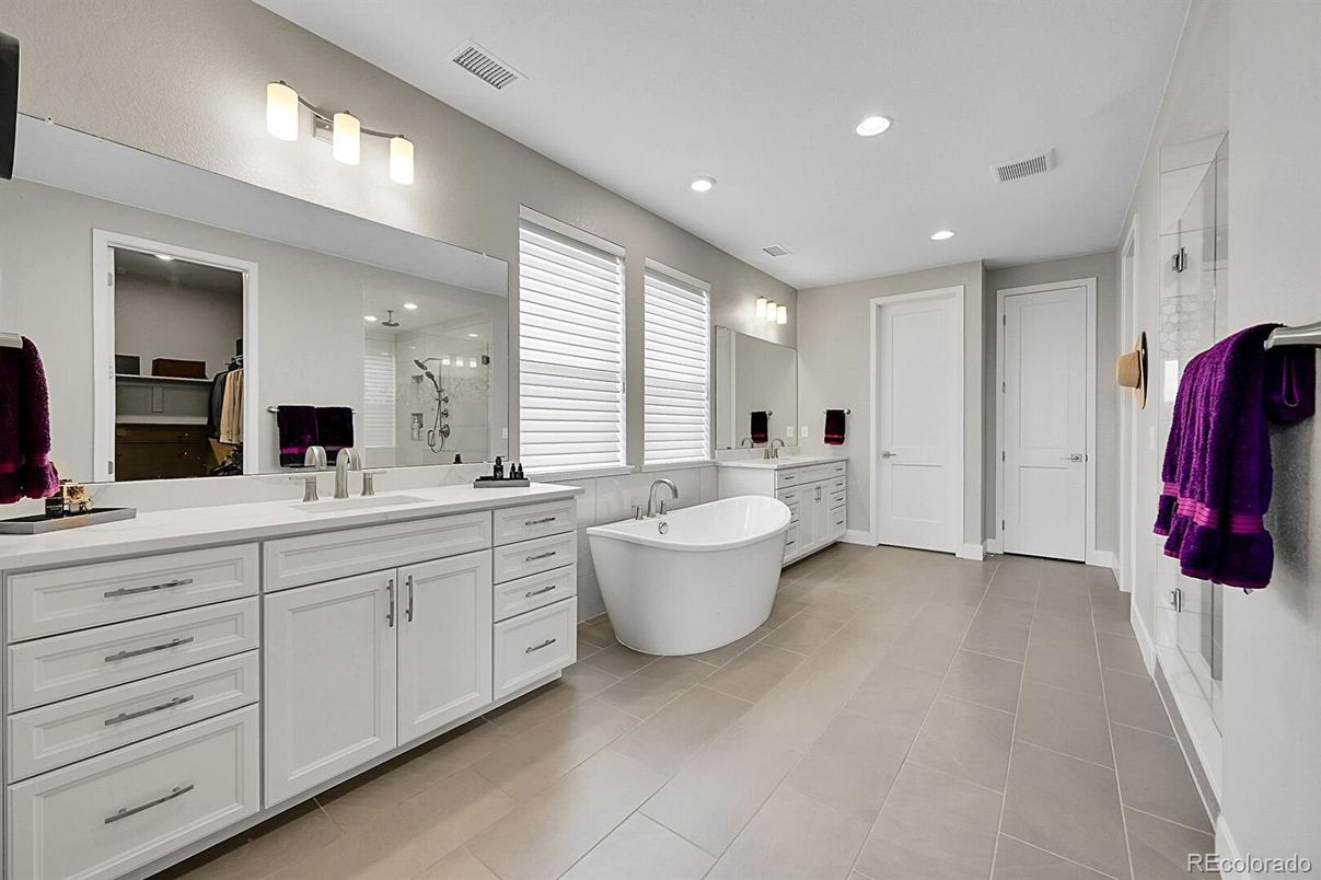 Bathroom, Dual Sink Vanities, Free Standing Baths, Glass Shower, Interior, Recessed Lighting