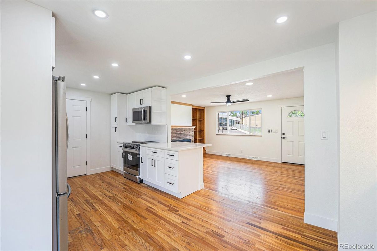 Interior, Kitchen, Recessed Lighting, Stainless Steel Appliances, Wood Texture Flooring