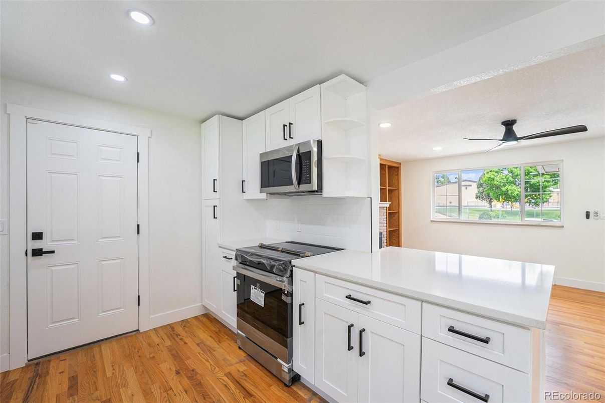 Interior, Kitchen, Recessed Lighting, Stainless Steel Appliances, Wood Texture Flooring