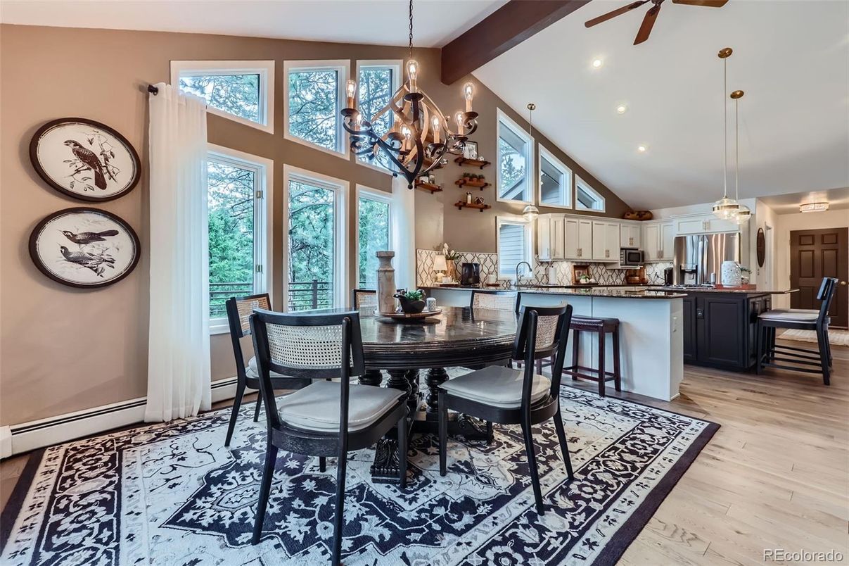 Chandelier, Dining room, Interior, Kitchen, Pendant Lights, Recessed Lighting, Wooden Beams, Wood Texture Flooring