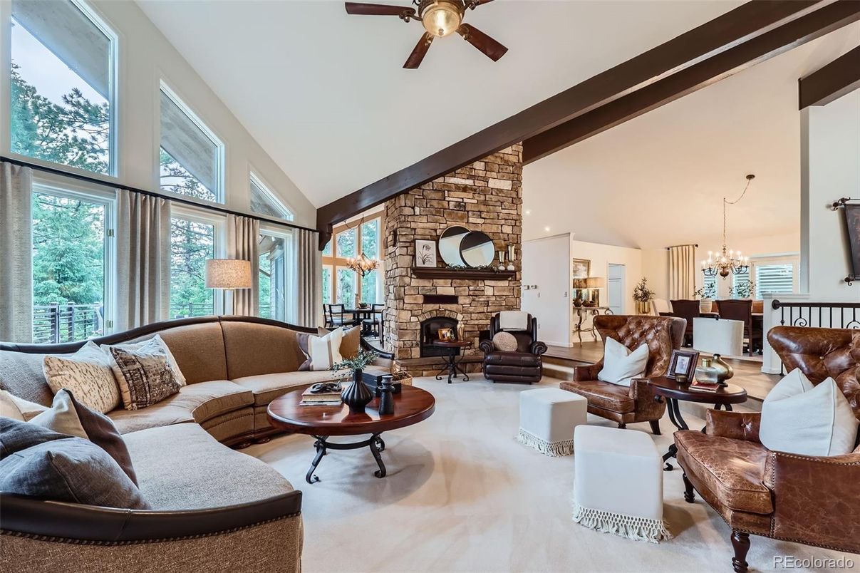 Chandelier, Dining room, Fireplace, Interior, Living room, Stone Walls