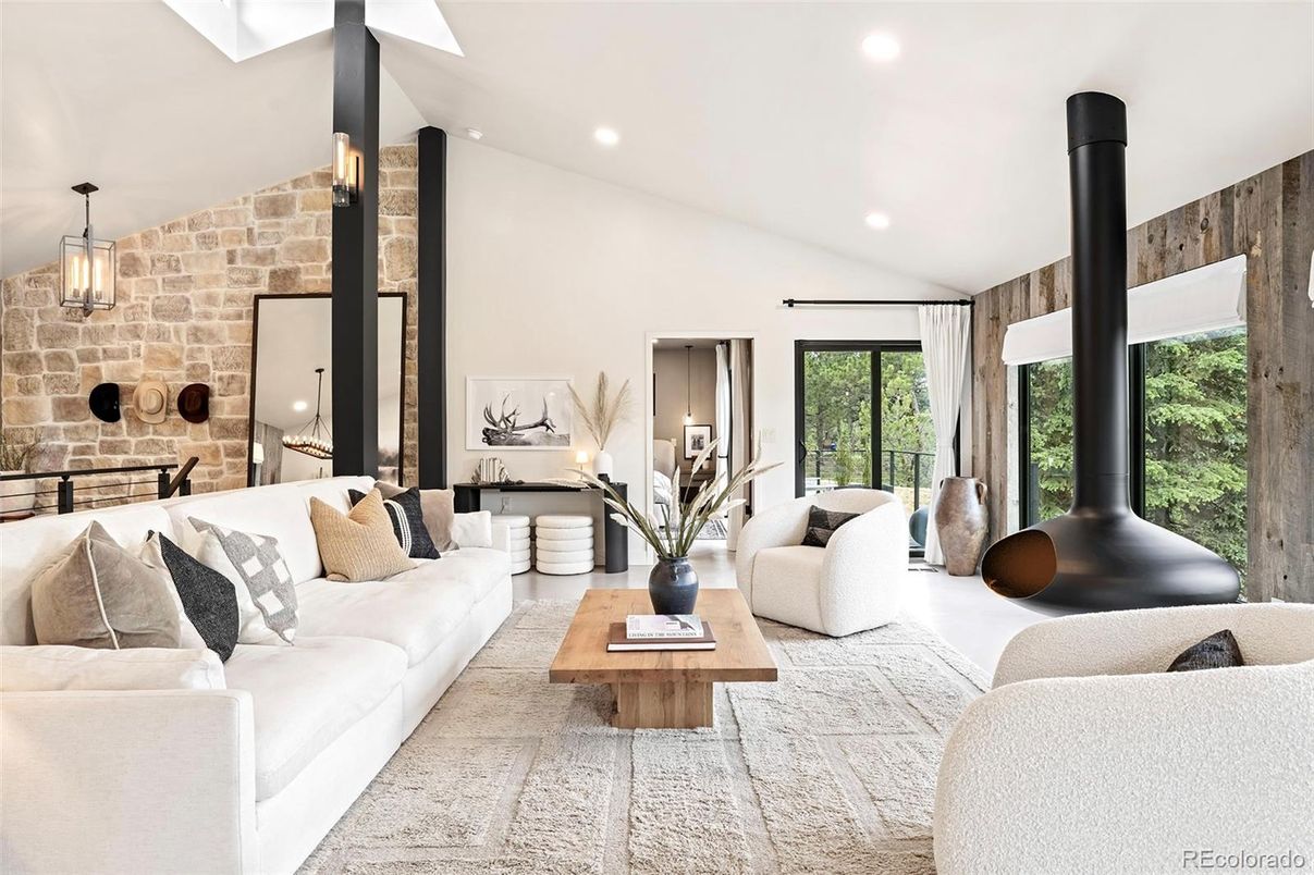 Fireplace, Interior, Living room, Pendant Lights, Recessed Lighting, Stone Walls