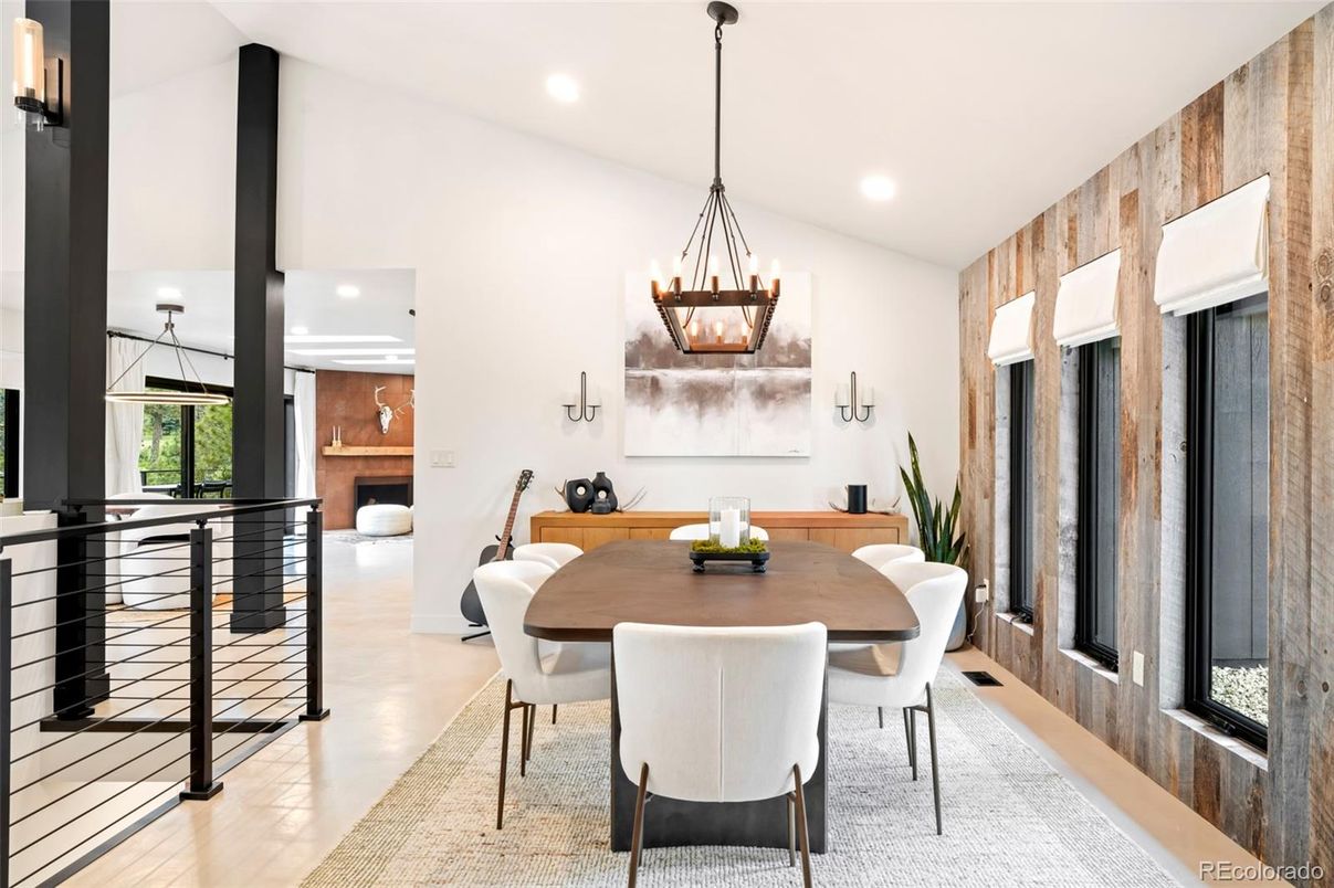 Dining room, Interior, Pendant Lights, Recessed Lighting, Wood Texture Flooring