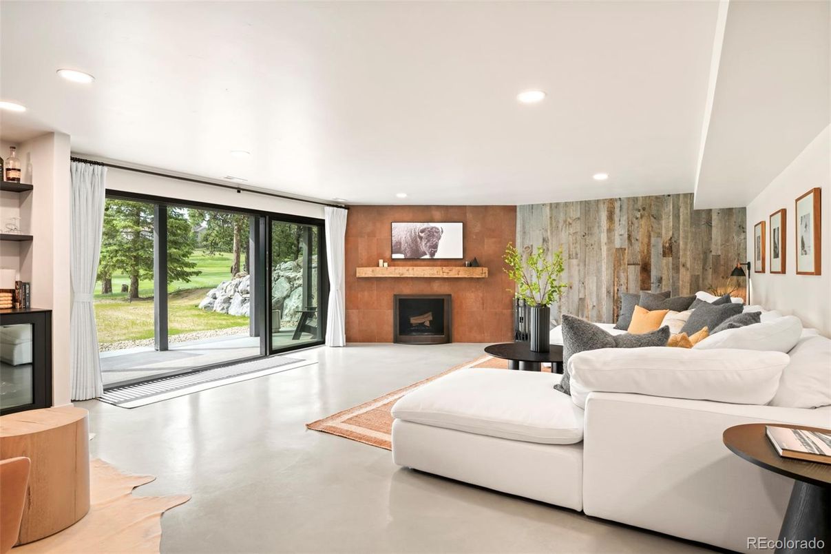 Fireplace, Interior, Living room, Recessed Lighting, Wooden Walls