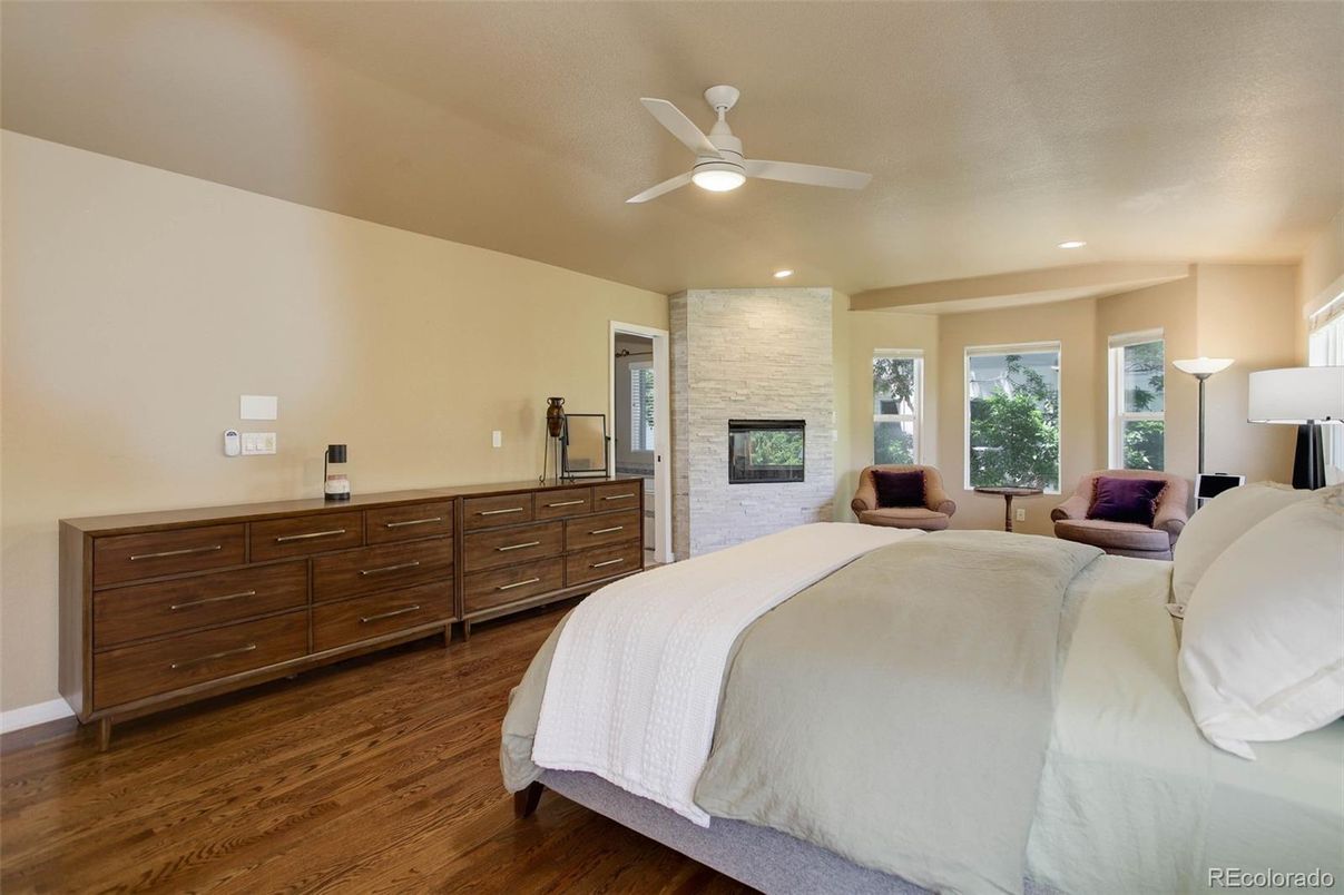 Bedroom, Fireplace, Interior, Recessed Lighting, Wood Texture Flooring