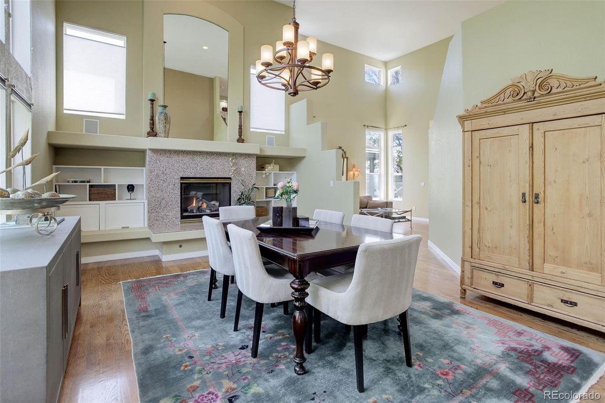 Chandelier, Dining room, Fireplace, Interior, Recessed Lighting, Wood Texture Flooring