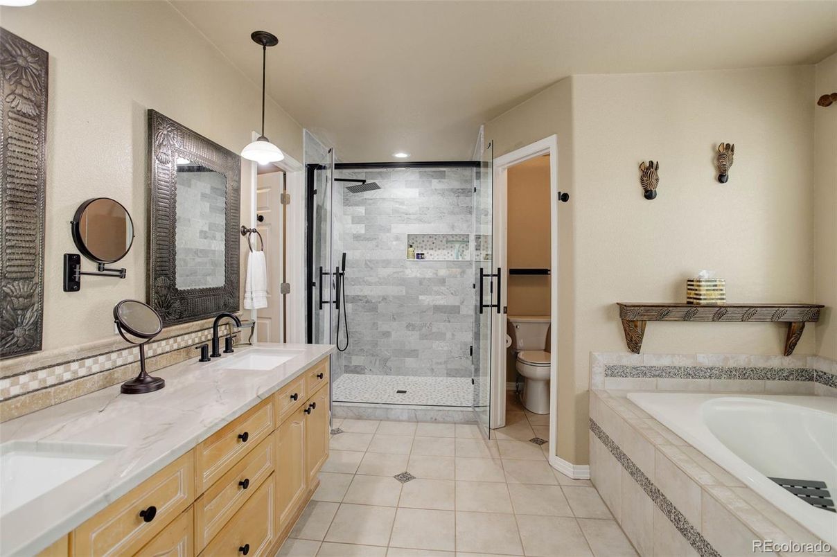 Bathroom, Dual Sink Vanities, Glass Shower, Interior, Pendant Lights, Recessed Lighting