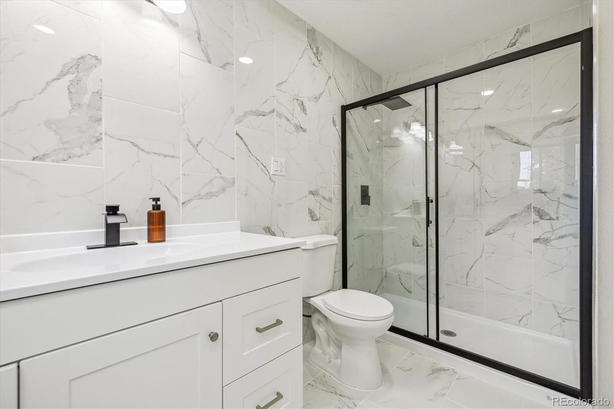 Bathroom, Glass Shower, Interior, Marble, Marble Walls, Recessed Lighting