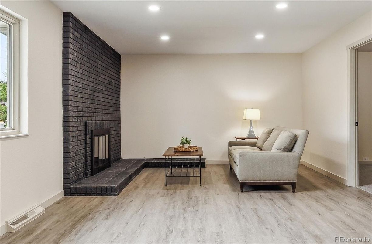 Fireplace, Home Office, Interior, Recessed Lighting, Wood Texture Flooring