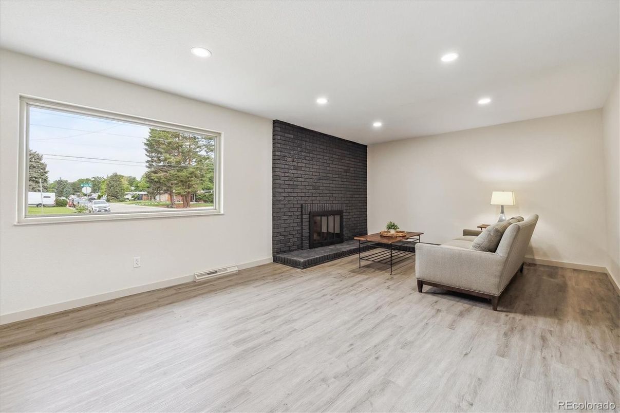 Fireplace, Interior, Recessed Lighting, Stone Walls, Wood Texture Flooring