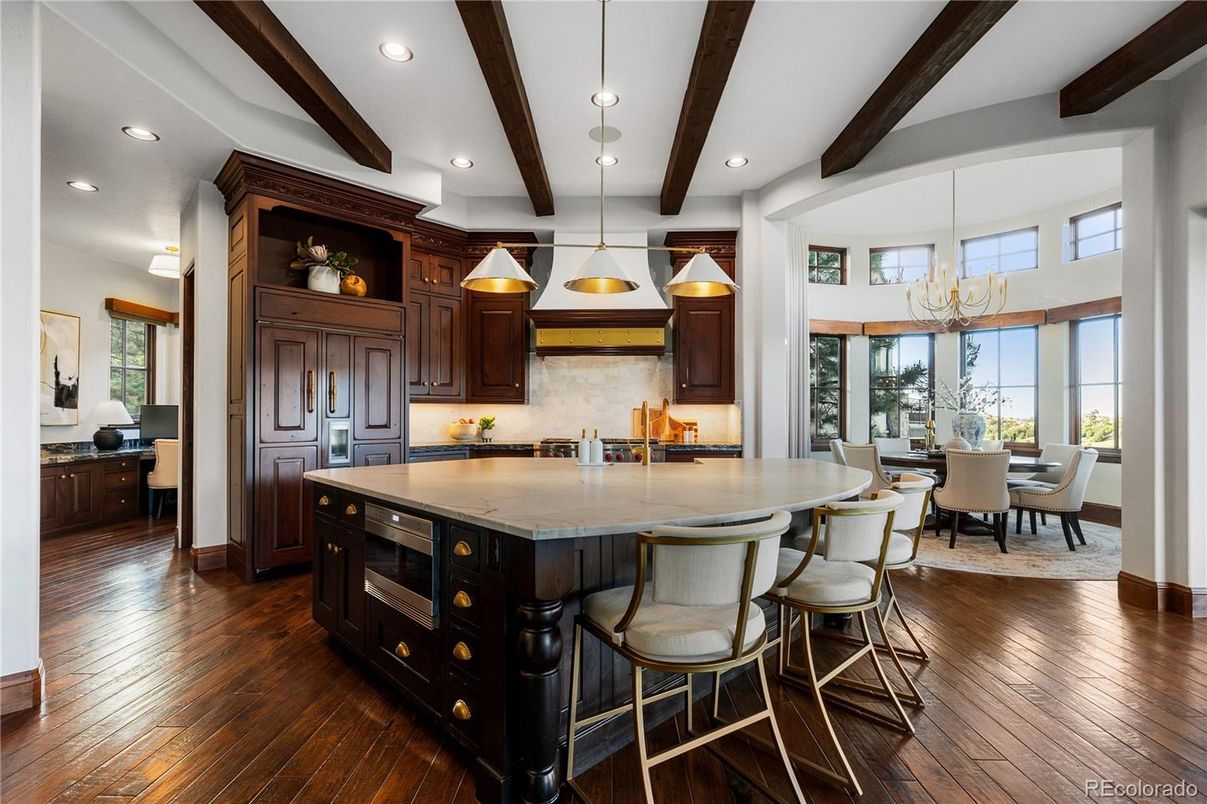 Dining room, Interior, Kitchen, Pendant Lights, Recessed Lighting, Wooden Beams, Wood Texture Flooring