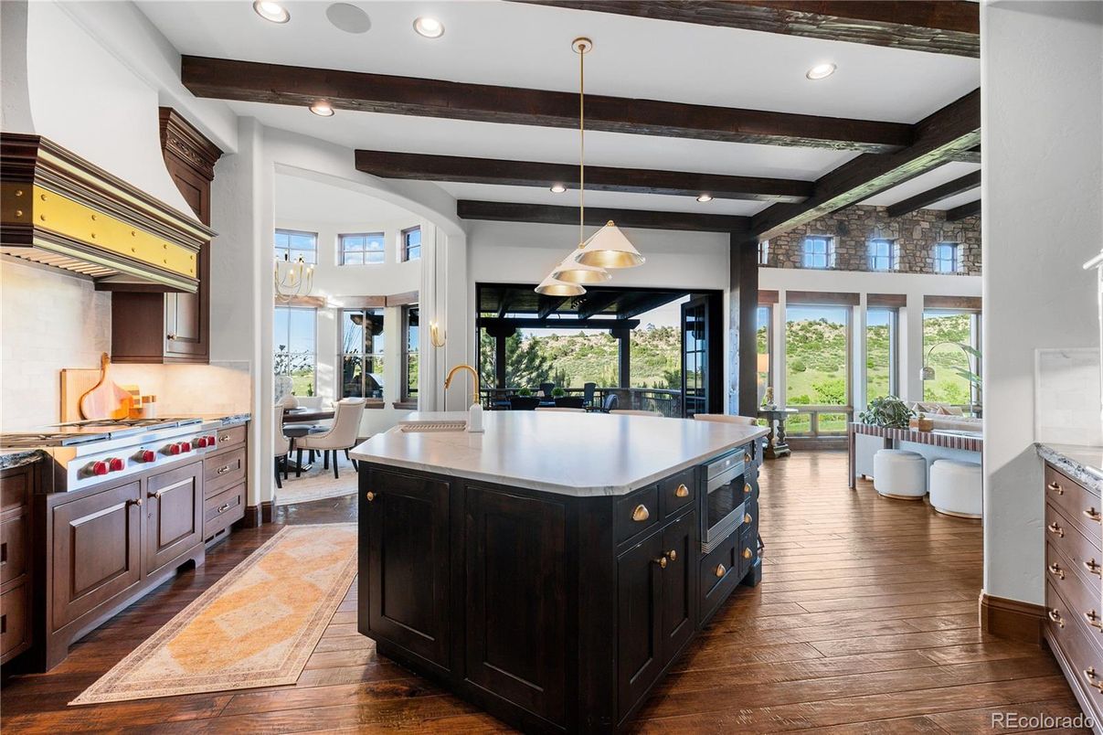 Interior, Kitchen, Pendant Lights, Recessed Lighting, Stainless Steel Appliances, Wooden Beams, Wood Texture Flooring