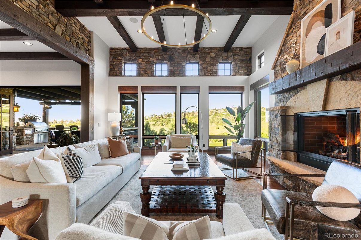 Fireplace, Interior, Living room, Recessed Lighting, Stone Walls, Wooden Beams, Wood Texture Flooring