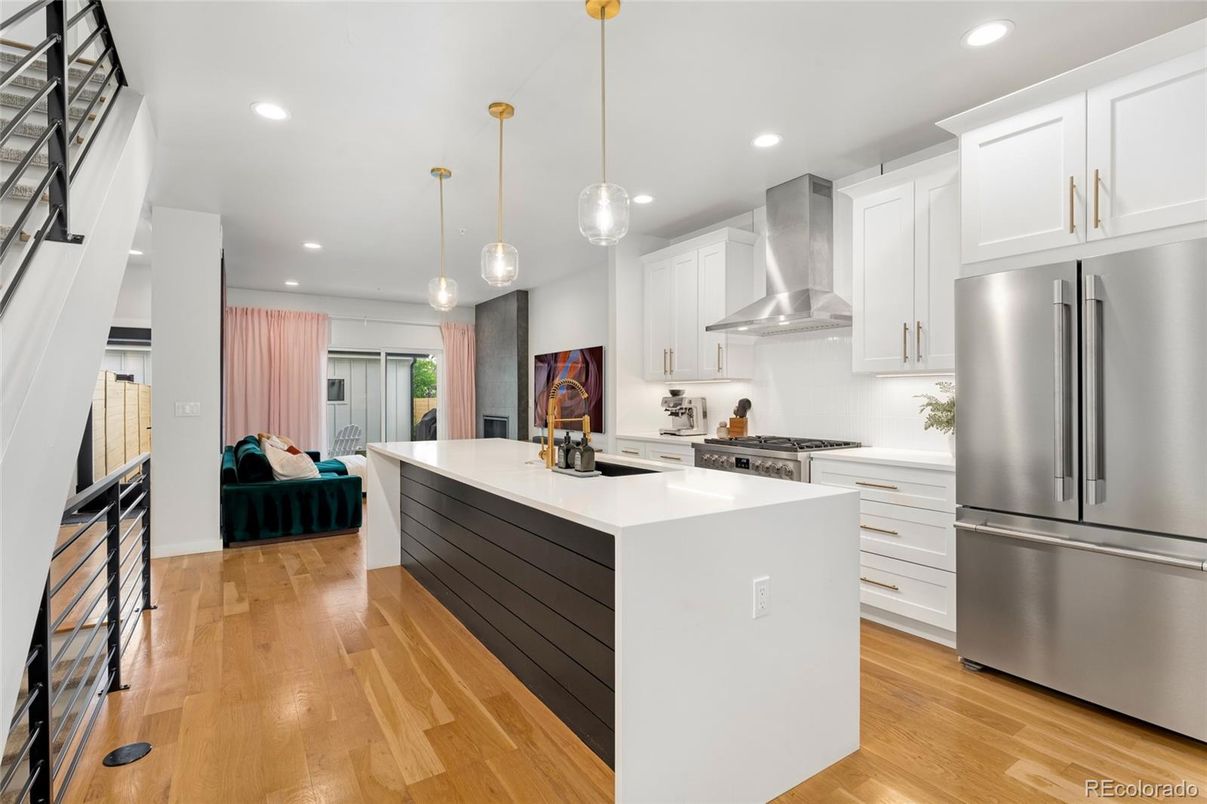 Interior, Kitchen, Pendant Lights, Recessed Lighting, Stainless Steel Appliances, Wood Texture Flooring