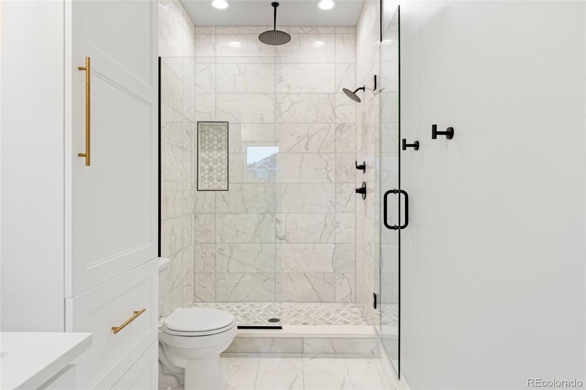 Bathroom, Glass Shower, Interior, Marble, Marble Walls, Recessed Lighting