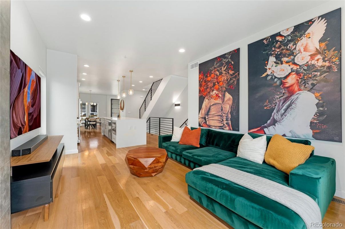 Interior, Kitchen, Living room, Pendant Lights, Recessed Lighting, Wood Texture Flooring